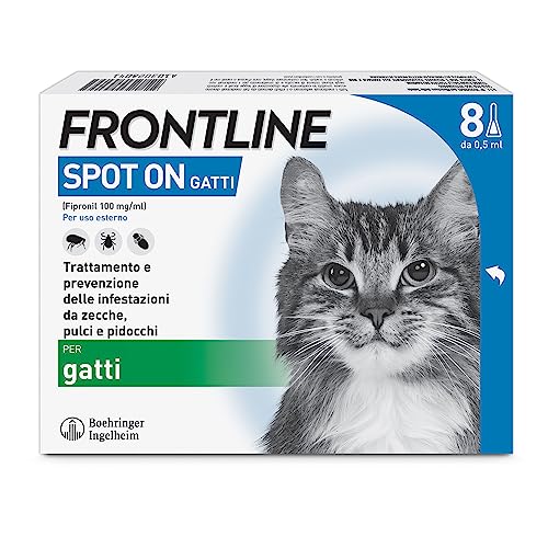 FRONTLINE Spot On, 4 e 4 Pipette, Gatto, Antiparassitario per Gatti e Gattini di Lunga Durata, Protegge da Zecche, Pulci e Pidocchi, Antipulci in Confezione da 8 Pipette da 0.5 ml