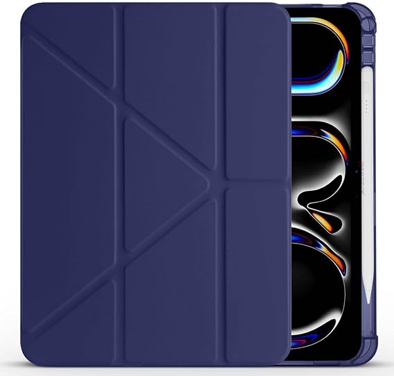 iPad Pro 11 inç M5 2025 İle Uyumlu Kılıf Üçgen Katlanabilir Kalem Şarj Bölmeli Kılıf Lacivert