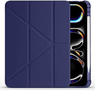 iPad Pro 11 inç M5 2025 İle Uyumlu Kılıf Üçgen Katlanabilir Kalem Şarj Bölmeli Kılıf Lacivert