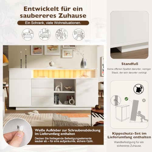 Cómoda de madera blanca de 160x40x75 cm ideal como armario multiusos de cocina 8