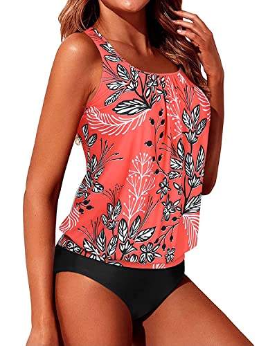 Yonique Two Piece Blouson Tankini Swimsuits For Women Modest Bathing Suits Loose Fit Swimwear Red Floral Xl #TOP2
