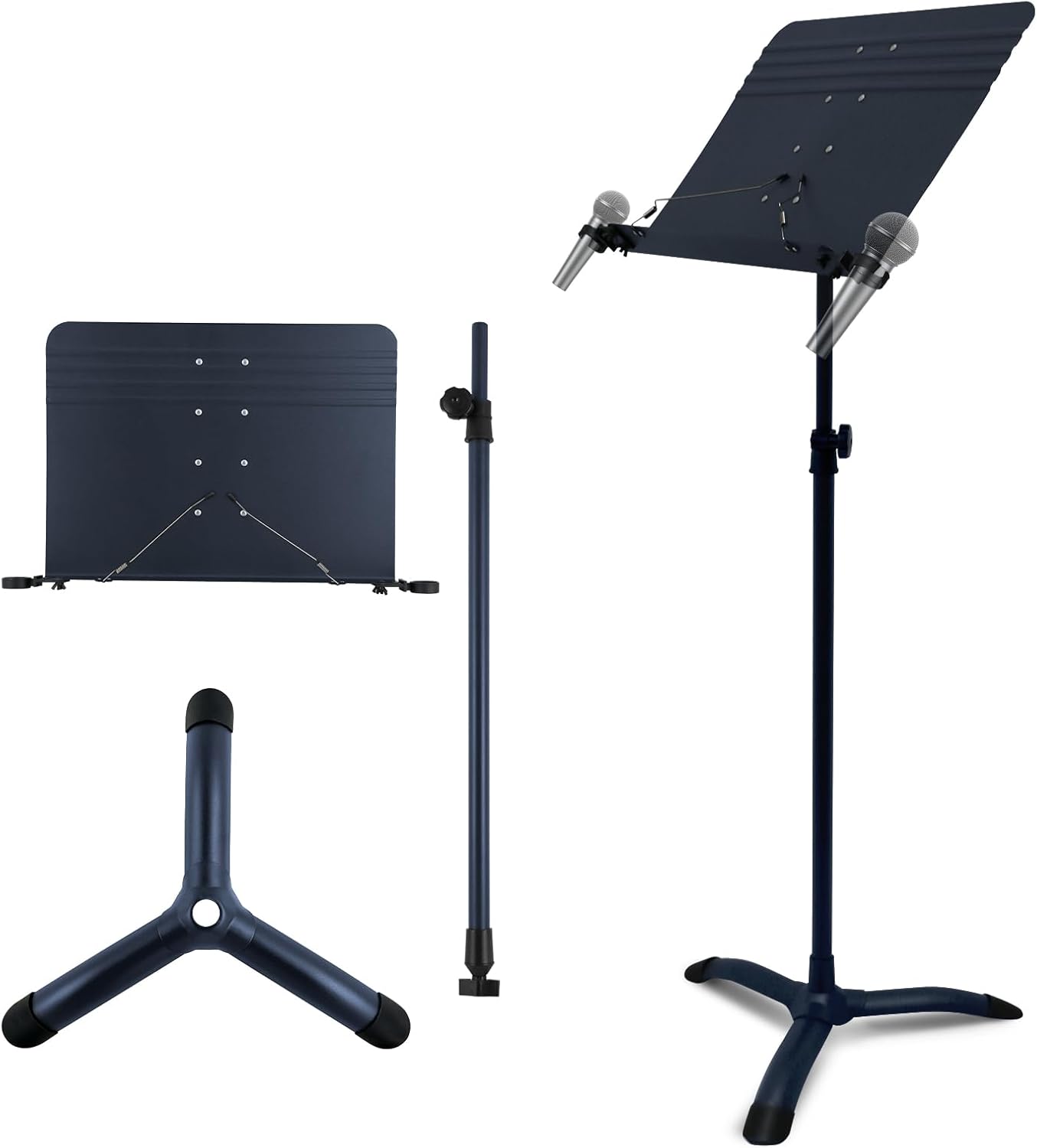 RANMING Music Stand Heavy Duty Music Stand Dual-Use Folding Sheet Music Stand Adjustable Music Note Stand with Microphone Holder Conductor’s Sheet Music Stand for Violin,Orchestra (Black Blue)
