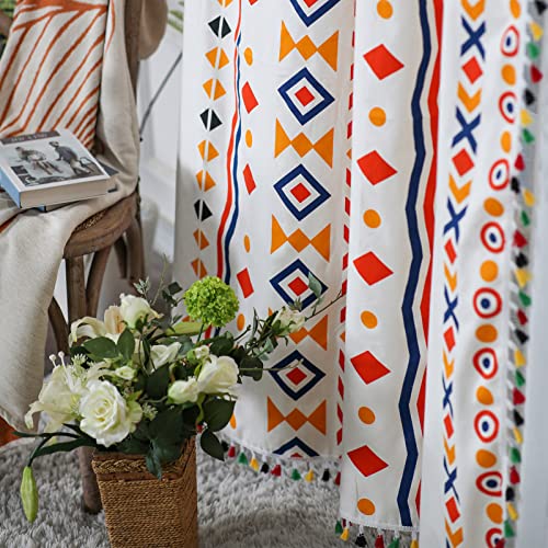 Sutavia Boho Window Curtains Colorful Geometric Semi-Blackout 2 Panels Vintage Tribal Orange For Bedroom Living Room Cotton Linen With Color Bordered Tassel Darkening Rod Pocket Window Drapes  #TOP3