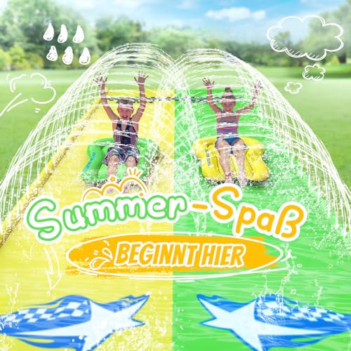 JONRRYIN Wasserrutsche, 600 * 140cm Aufblasbare Wasserrutsche mit 2 Bodyboards, Doppelrutsche mit Eingebautem Sprinkler, Wasserspielzeug Kinder für Sommer Garten Pool Outdoor (1)