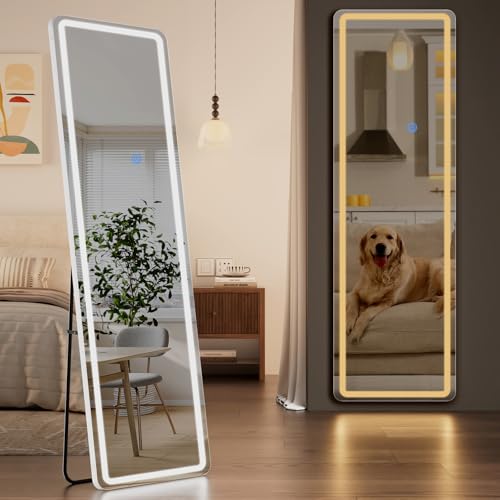 Image of Koonmi LED Full Length Mirror, 63 inchx20 inch Full Length Mirror with Lights, Lighted Floor Mirrors with Stand, Full Body Mirrors with Dimming & 3 Color Lightingfor Living Room Cloakroom, White