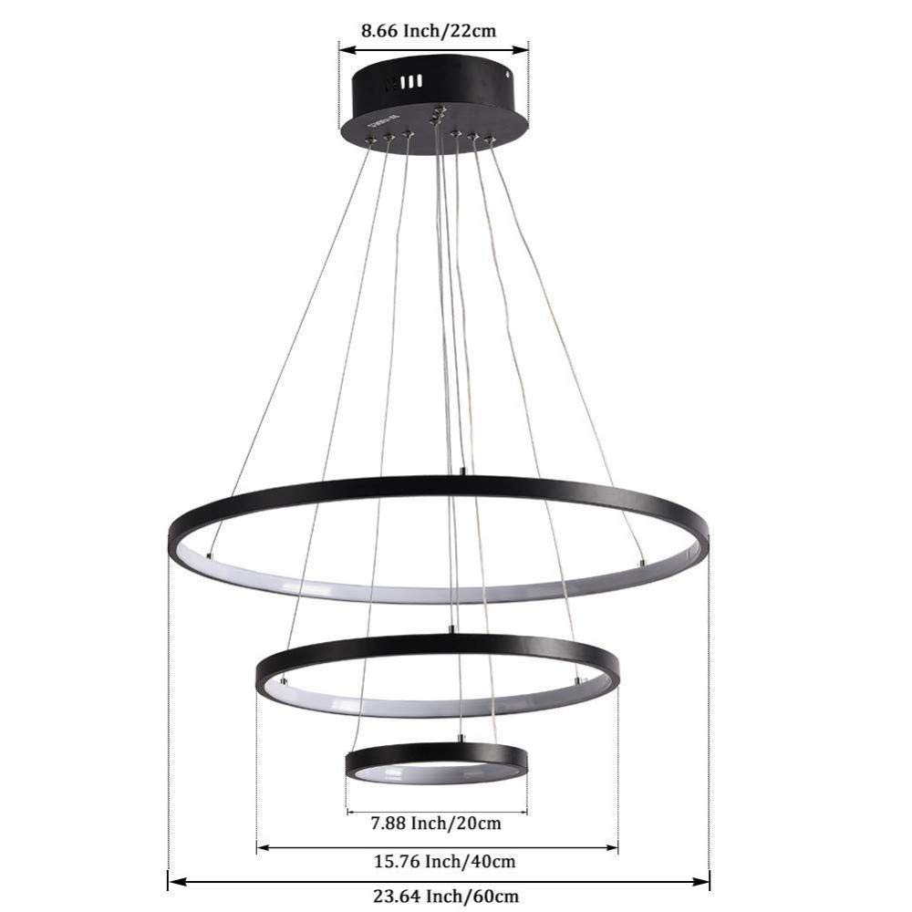 Lampa sufitowa 3-pierścieniowy okrągły żyrandol Nowoczesny regulowany wisiorek LED Metalowa zawieszana lampa wisząca stołowa, czarny + TricolorLight-40+60+80cm113W Beauty Comes