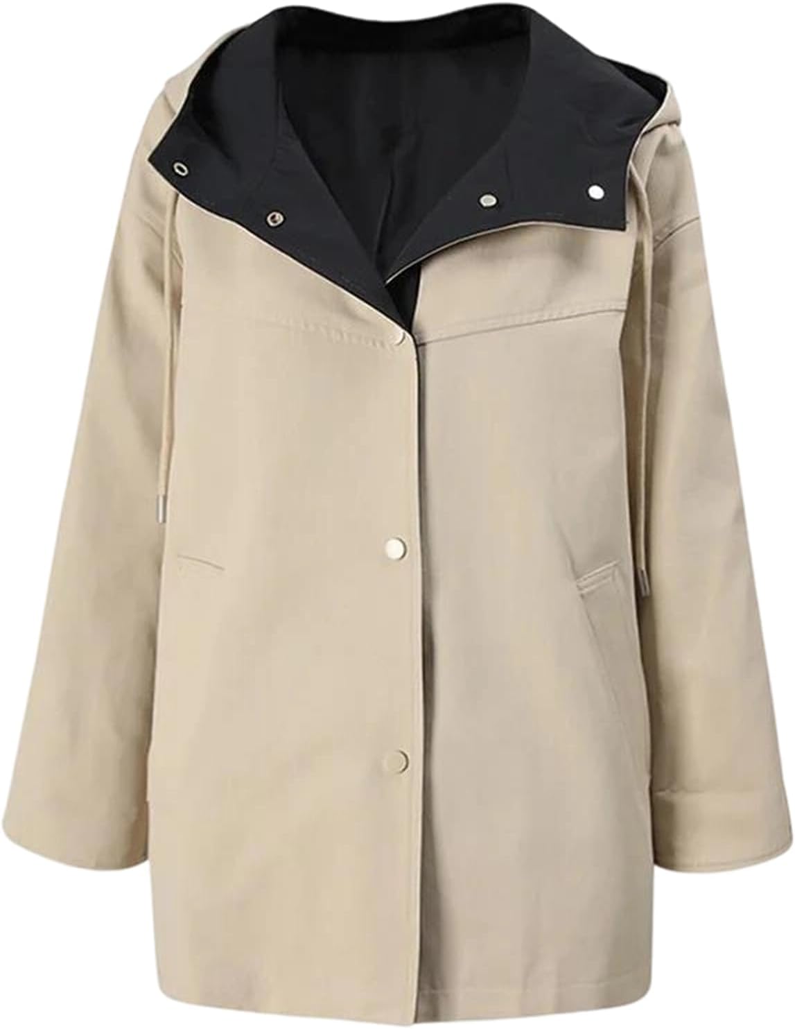 Womens Hooded Anorak Coat Patchwork Single Breasted Oversized Loose Lightweight Jacket Outwear With Pockets