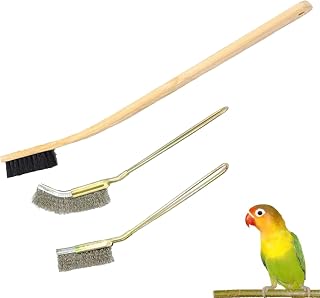 QBLEEV 3-Pack Bird Cage Cleaning Brushes - Bamboo Wood & Stainless Steel Long Handle Poop Scraper for Parrots, Canaries, Parakeets