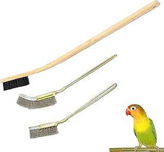 QBLEEV 3 Pack Bird Cage Brush, Wooden & Stainless Steel Long Handle Bird Cage Cleaner Brush, Poop Off Bird Cage Cleaning Brushes, Bird Cage Scraper Parrot Poop Remover Accessory