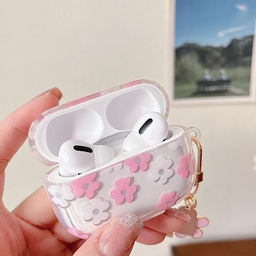 Miniatura 4 de MINSCOSE Funda transparente compatible con Airpods Pro 2, bonito diseño de patrón de flores de dibujos animados con llavero floral, funda protectora
