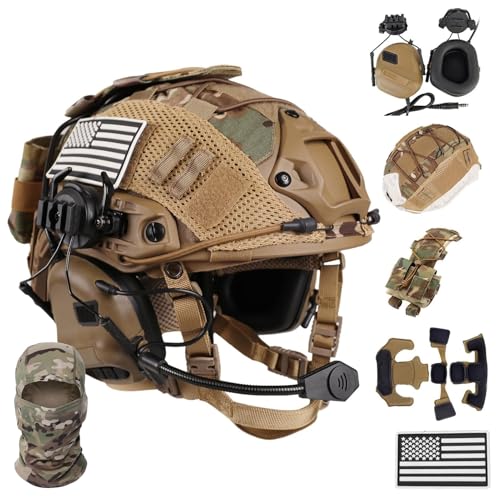 LZAQHMT 4-in-1 Upgraded Tactical Airsoft Helmet - Rapid-Adjust Dial System With Headset Helmet Cover & Counterweight Bag For Cosplay Military Paintball Gear(COYOTE BROWN)