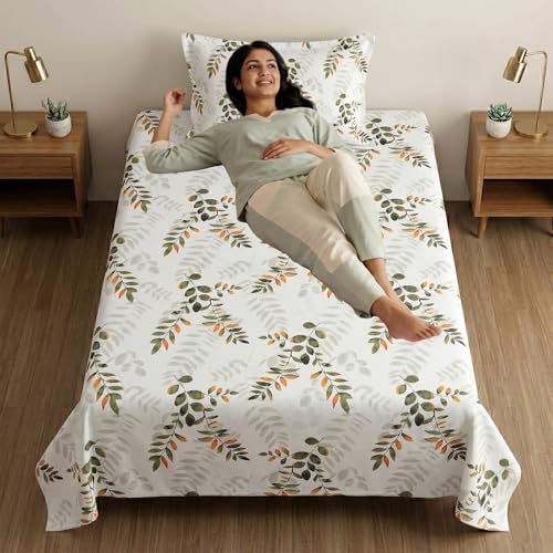 Image of Mafatlal 186 TC Metro Cotton Single Bedsheet | 90 x 60 Inch|Soft, Breathable & Lightweight | with Matching Pillow Cover| Bamboo Green