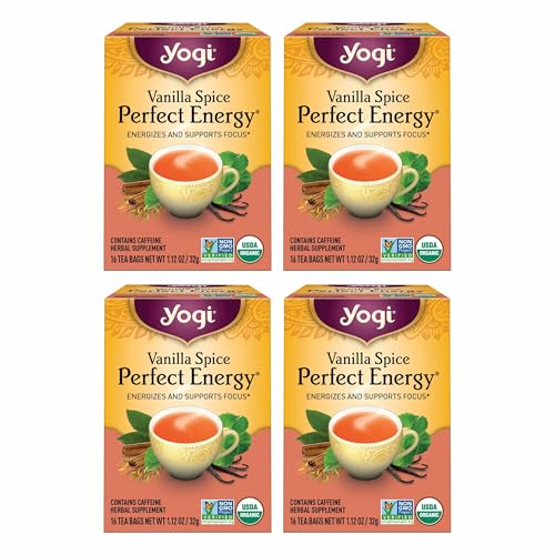 Yogi Tea Vanilla Spice Perfect Energy - 16 Bags per Pack (4 Packs) - Organic Vanilla Energy for Focus - Includes Green & Black Tea, Ashwagandha, L-Theanine & More