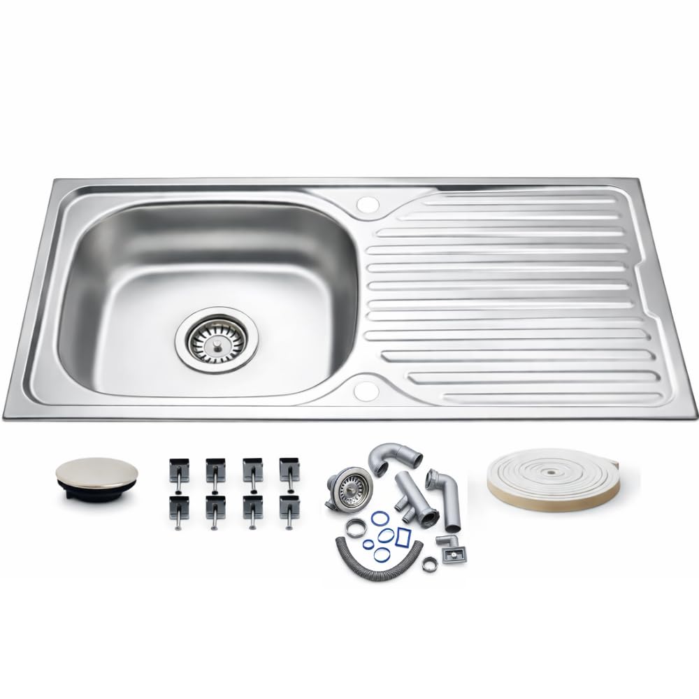 Evier Inox 1 Bac en acier inoxydable 86 x 43,5 cm – Évier encastrable – Avec siphon, trou de robinet et égouttoir