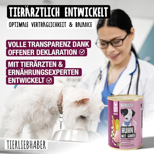 TIERLIEBHABER – Hundefutter Nass 400g Huhn mit Gemüse – Von Tierärzten entwickelt – Nassfutter Hund mit 90% Fleischanteil – Dog Food als Hundenassfutter 400g Dosen