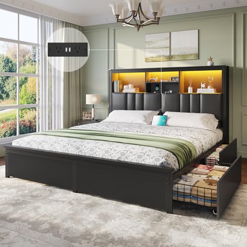 DICTAC California King Bed Frame with 4 Storage Drawers & Upholstered Bookcase Headboard Bed Frame with LED Lights and Charging Station Heavy-Duty Metal Platform Bed No Box Spring Needed Noise Free
