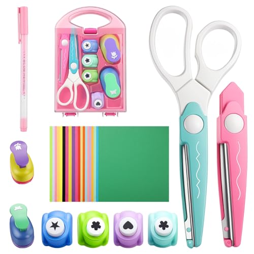 10-Piece Craft Scissors and Hole Punch Set Craft Scissors Kit with 6-Shape Hole Punch Set 1-Scissor 1-Replacement Head 1-Pen 100-Cardstock Sheets DIY Paper Crafts