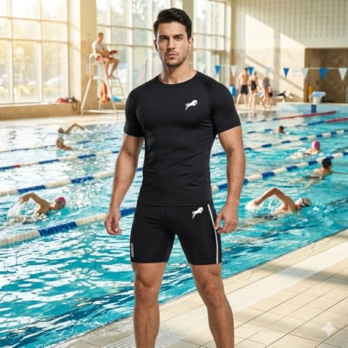 Image of JUST RIDER Swimwear Half Sleeve T-Shirt and Shorts for Men & Women Men's Swimming T-Shirt and Swimming Shorts Set, Polyester, Quick-Dry, Chlorine-Resistant, Flatlock Seams