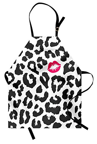 Ambesonne Savannah Apron, Leopard Cheetah Animal Print Kiss Shape Lipstick Mark Dotted Trend Art, Unisex Kitchen Bib With Adjustable Neck For Cooking Gardening, Adult Size, Grey Pink #TOP28