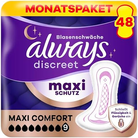Always Discreet Inkontinenz-Einlagen Maxi Comfort Monatspaket bei Blasenschwäche, 48 Einlagen (4 Packungen x 12 Stück) Stück