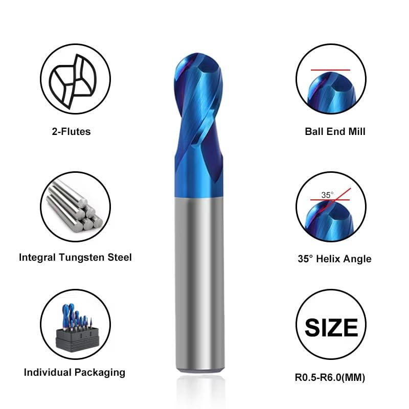Image of Carbide Ball Nose EndMill HRC65 Double Edge 2 Flute TlAiN Coating Tungsten Steel Milling Cutter for Metal Steel HRC65 R0.5-R6.0 Series 11pcs Set