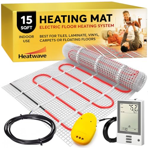 Electric Floor Heating System for Tile 15 sqft 120V 1.5Amps 180Watts-Heated Flooring System for Bathroom Floor Heating Kit Underfloor Comfort Heat 7Day/4Event Programmable GFCI Thermostat by Heatwave