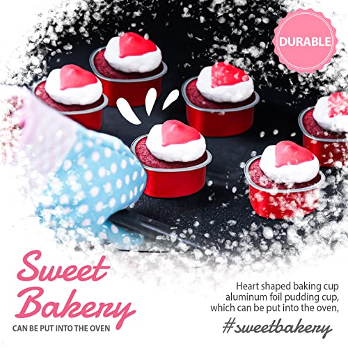 200 Pieces Red Heart Shaped Cake Pans With Lids 3.4 Ounces/ 100 Ml Aluminum Foil Heart Cupcake Pans Valentine's Day Mini Disposable Heart Cake Pans Dessert Baking Cups For Wedding Supplies #TOP3