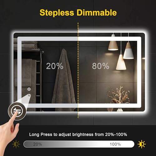 Image of LED Bathroom Mirror with Lights, 24 inchx40 inch Lighted Vanity Mirror for Wall | Anti-Fog, Dimmable 3 Color Light, Backlit+Frontlit, Shatterproof Tempered Glass, Memory Function