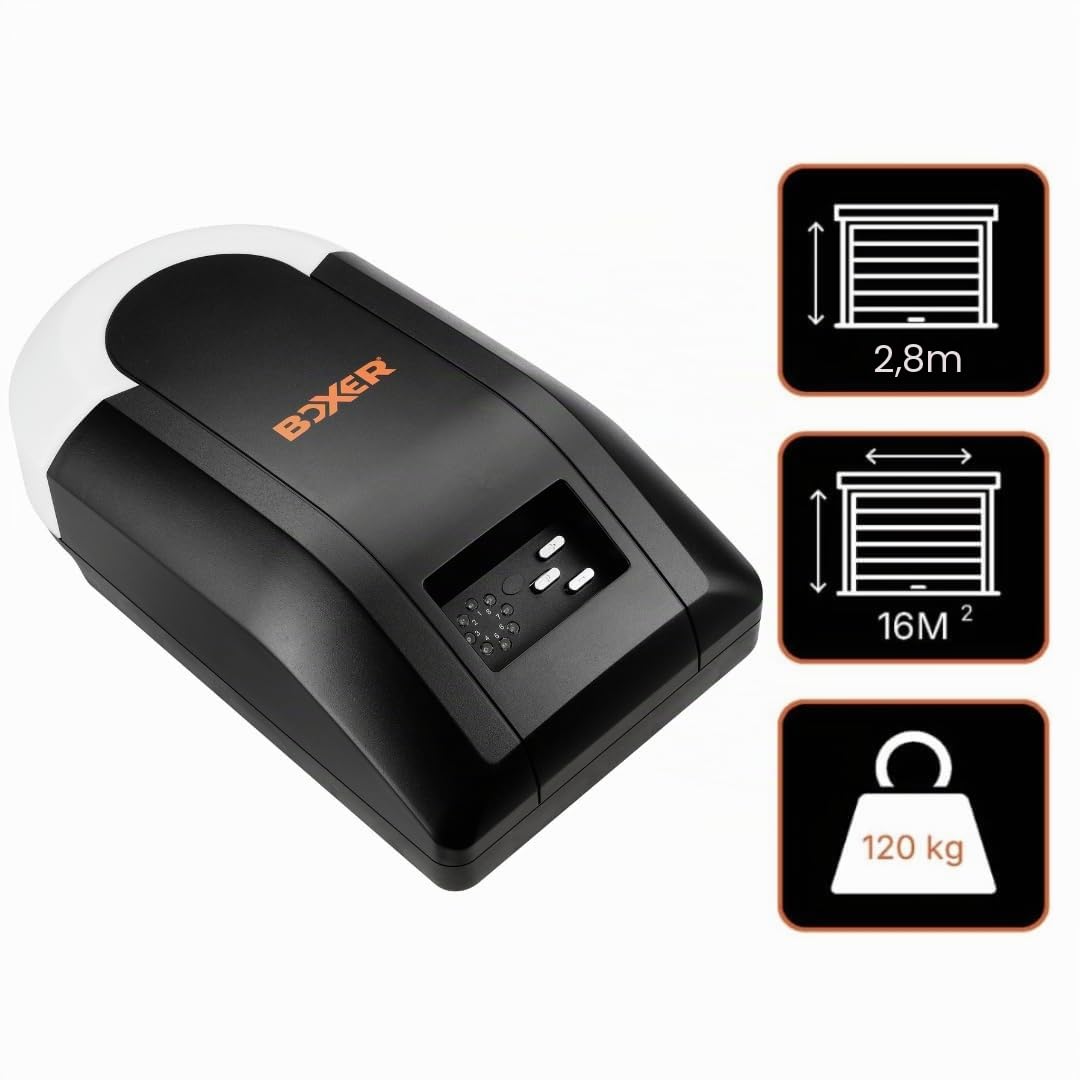 Boxer® Abrepuertas de Garaje 1000N con Mando a Distancia e Interruptor inalámbrico | para Puertas hasta 16 m² | Motor con luz integrada | Parada automática | Kit de instalación Incluido