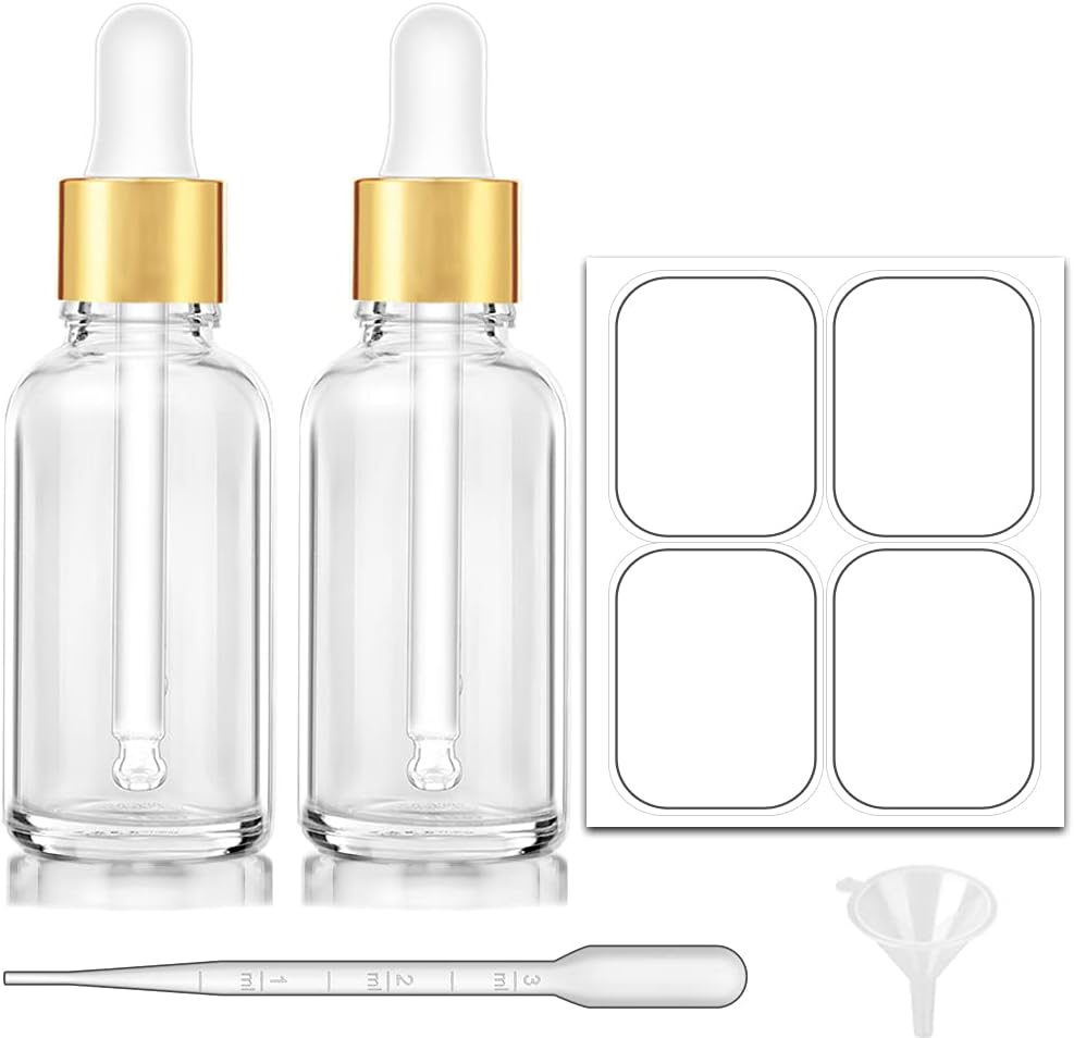 2 oz Dropper Bottle, Bumobum Clear Glass Eye Dropper Bottles with Golden Top Cap for Essential Oils, 2 pack Tincture Bottle with Labels and Funnel : Industrial & Scientific