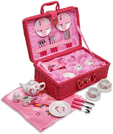 Wobbly Jelly – Set da tè e Cestino da Picnic in Porcellana con Unicorno Magico – Set da tè Giocattolo da 31 Pezzi per Bambini