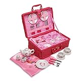 AUF JEDEM TEIL DES SPIELGESCHIRRS BEFINDET SICH EINE REIZENDE MAGISCHE EINHORN-ILLUSTRATION. Jedes Teil dieses Teeservices hat einen niedlichen Einhorn-Print, der die Kinder begeistern wird. LUCY LOCKET TEESERVICE IN ROSA PICKNICKKORB. Das Spielgeschirr für Kinder wird in einem hübschen rosafarbenen Picknickkorb geliefert. Der leuchtend rosafarbene Korb hat ein Baumwollfutter mit Vichykaros, zwei Tragegriffe und ein Metallschloss.