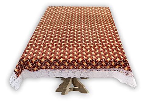 Image of The Furnishing Tree Waterproof PVC Rectangle Shaped 8 Seater Table Cover WxL 60x108 inches Interlocked Ropes Pattern Brown with White Border lace