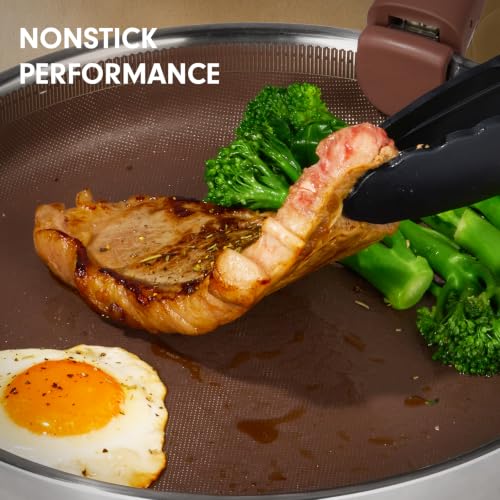 Image of CAROTE 22pcs Hybrid Nonstick Pots and Pans Set, Stainless Steel Cookware Set with Honeycomb Titanium Interior, Induction Safe, Oven Safe, Brown (PFOS, PFOA Free)