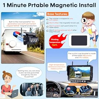 Magnetic Solar Wireless Backup Camera: 7" Portable 1 Min Easy Install Scratch-Proof No Delay Backup Camera for Truck Rechargeable HD 1080P for Pickup Trailer Small RV Camper Pemacom P15