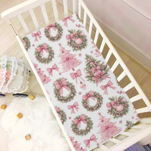 Image of Caikeny Fitted Crib Sheet for Boys Girls Christmas Wreath Tree Pink Bow Baby Crib Sheets Bassinet Sheets Crib Mattress Bed Sheets for Toddler Newborn Infant 52 X 28 in