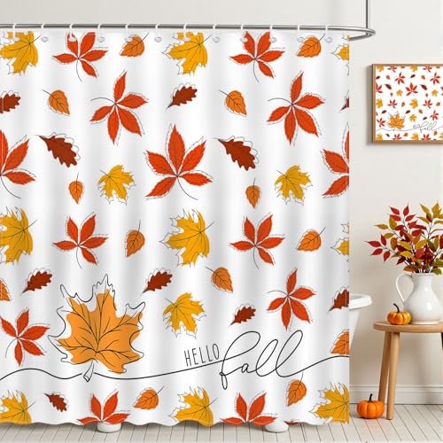 Mocsicka Fall Leaves Shower Curtain Autumn Maple Leaves Shower Curtain Thanksgiving Harvest Waterproof Fabric Shower Curtains Bathtub Decor with 12 Hooks 72 X 72 Inches
