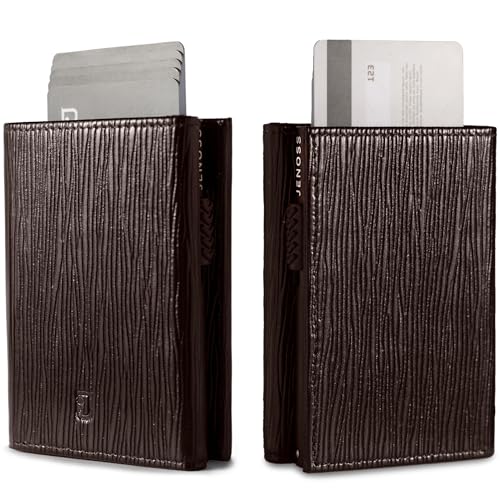 Jenoss Smart Wallet For Men: Full Grain Leather, Handcrafted, Slide Metal Pop Up Case, Slim RFID Blocking Credit Card Holder, Minimalist, Compact - 9-12 Card Organizers | ID | Money Clip (EPI Brown)