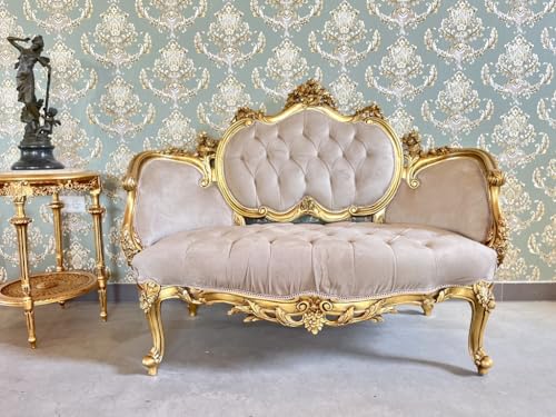 CasAmin Home & Living Loungesofa im Französischen Barockstil aus beigem Samt, Königlicher Märchenstil, Love Seat im Modernen Look, als Wohndekoration, Einweihungsgeschenk – Bild 8