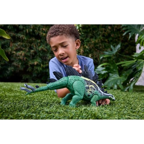 Image of Mattel Jurassic World Dinosaur Figure Toy, Gigantic Thrashers Large Stegosaurus with 2 Attack Action & Evolve Feature, Digital Play