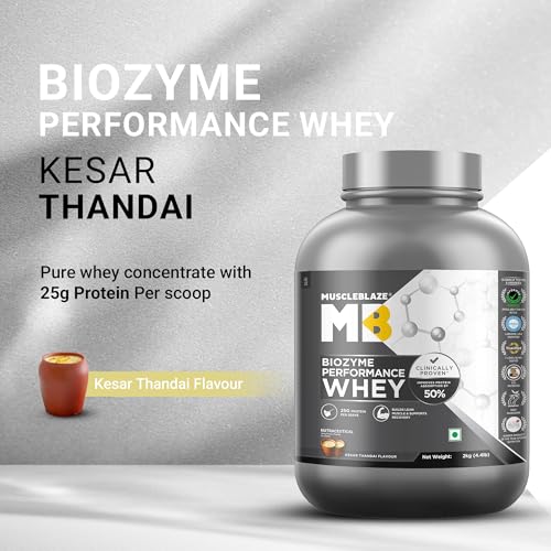 Image of MuscleBlaze Biozyme Performance Whey Protein Powder, Kesar Thandai (2kg / 4.4lbs) | 25g Protein Per Scoop | Clinically Tested 50% Higher Protein Absorption