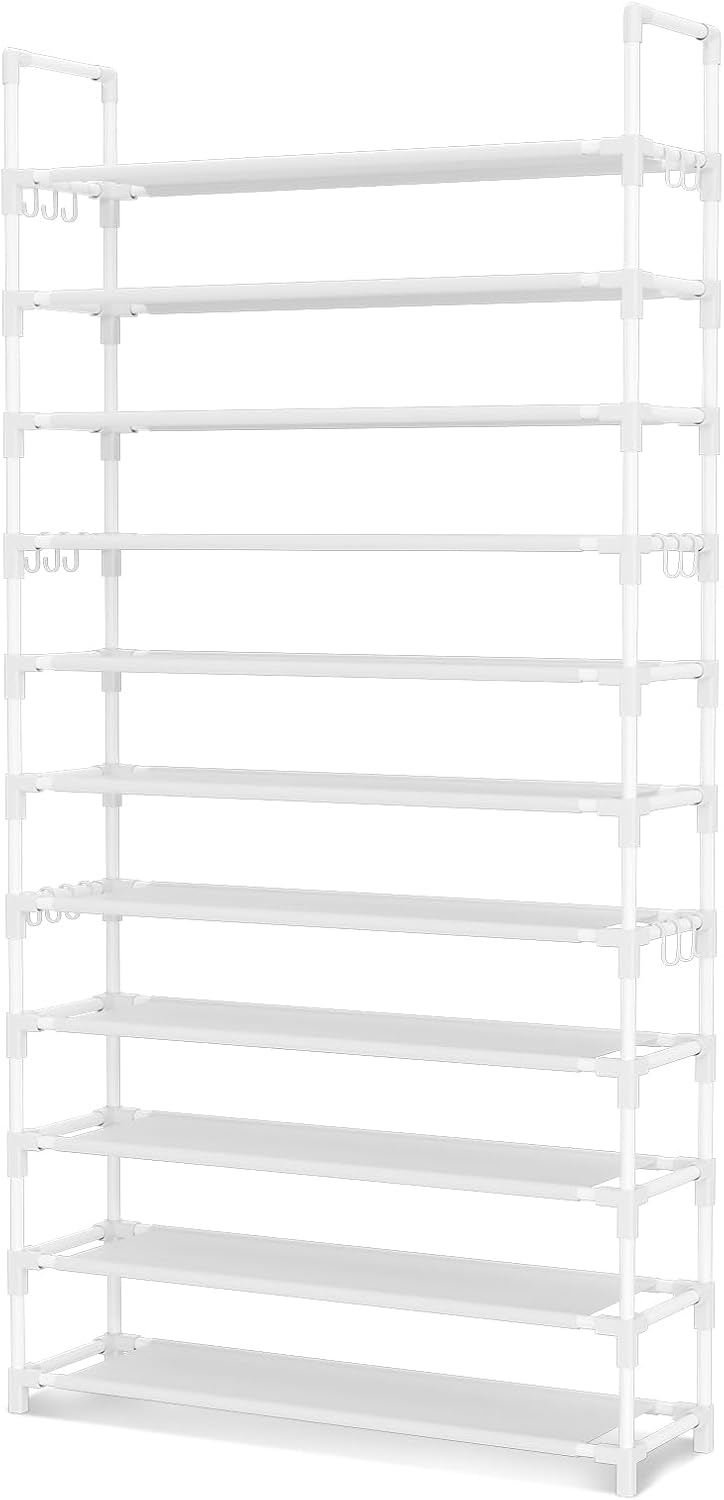 LANTEFUL 11 Tiers Tall Shoe Rack Holds 55 Pairs of Shoes with 18pcs Hooks Sturdy Wide Shoe Organizer Storage Free Standing Metal Shoe Shelf for Closet, Entryway White