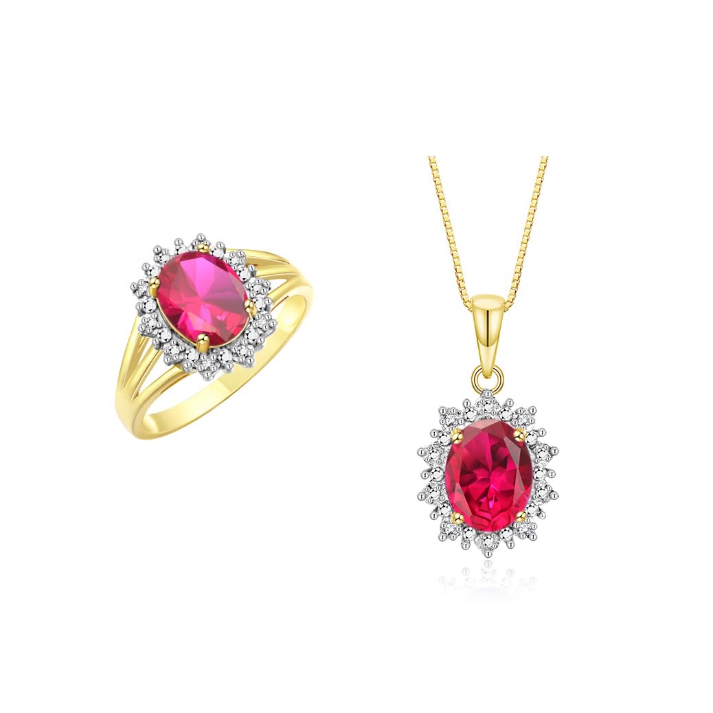 Rylos Women's Yellow Gold Plated Silver Princess Diana Ring &amp; Pendant Set. Gemstone &amp; Diamonds, 9X7MM Birthstone. Matching Friendship Jewelry, Sizes 5-10.