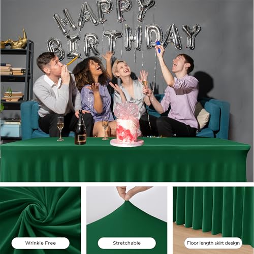 Image of HolidayIdeas 2 Pack Hunter Green Spandex Table Skirt for 6ft Rectangle Desk, 72 Inch Fitted Cover for Christmas Dinner Buffet
