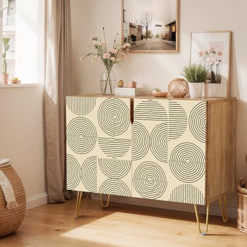 SIGNWIN Sideboard Buffet Cabinet, Kitchen Storage Cabinet with 2 Doors, Black & White Duotone Circle Polygons, Cupboard Console Table for Dining Room - 35" L x 18" W x 29" H