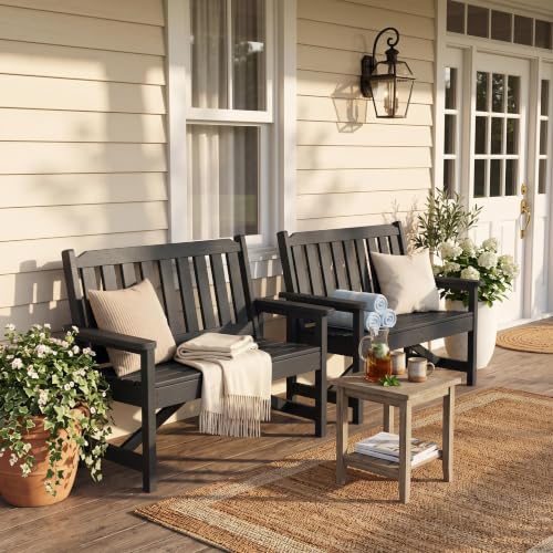 Image of Takywep 2‑Seater HDPE Patio Benches Set of 2, Weatherproof Outdoor Bench, Garden Slatted Bench for Front Porch, Deck, Lawn, and Pool, 2 Pack, Grey