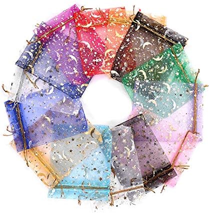 100Pcs Drawstring Organza Gift Bags Stars Moons Organza Bag Jewelry Pouches Candy Gift Bags for Wedding Party Christmas Baby Shower (7x9cm, 10 Mixed Color)