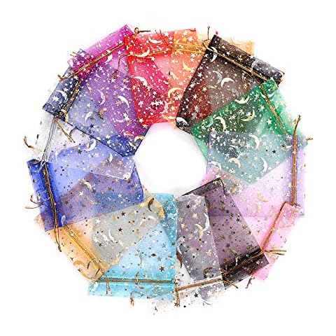 100Pcs Drawstring Organza Gift Bags Stars Moons Organza Bag Jewelry Pouches Candy Gift Bags for Wedding Party Christmas Baby Shower (7x9cm, 10 Mixed Color) Cover