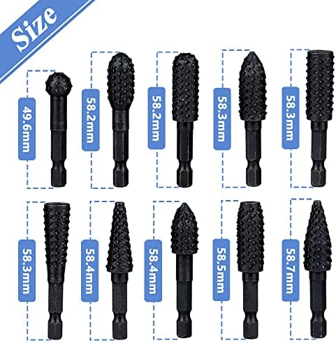 Mesee 10 Pieces Rotary Burr Rasp Set, 1/4 Inch Hex Shank Quick Change Wood Carving Drill Bits Carbon Steel File Rasp DIY Woodworking Tool for Wood Plastic Engraving Polishing Grinding