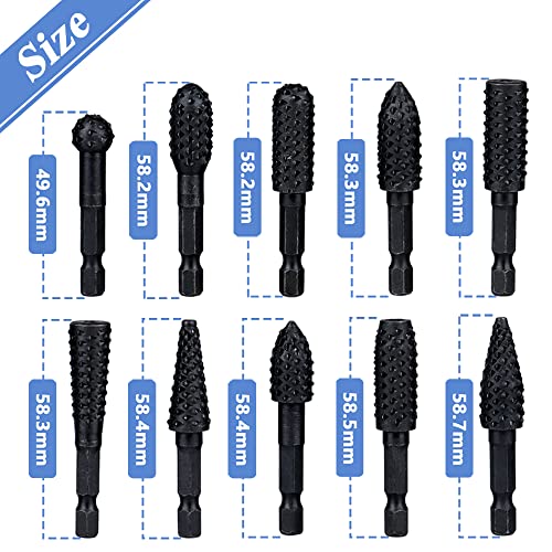 Mesee 10 Pieces Rotary Burr Rasp Set, 1/4 Inch Hex Shank Quick Change Wood Carving Drill Bits Carbon Steel File Rasp Diy Woodworking Tool For Wood Plastic Engraving Polishing Grinding #TOP2